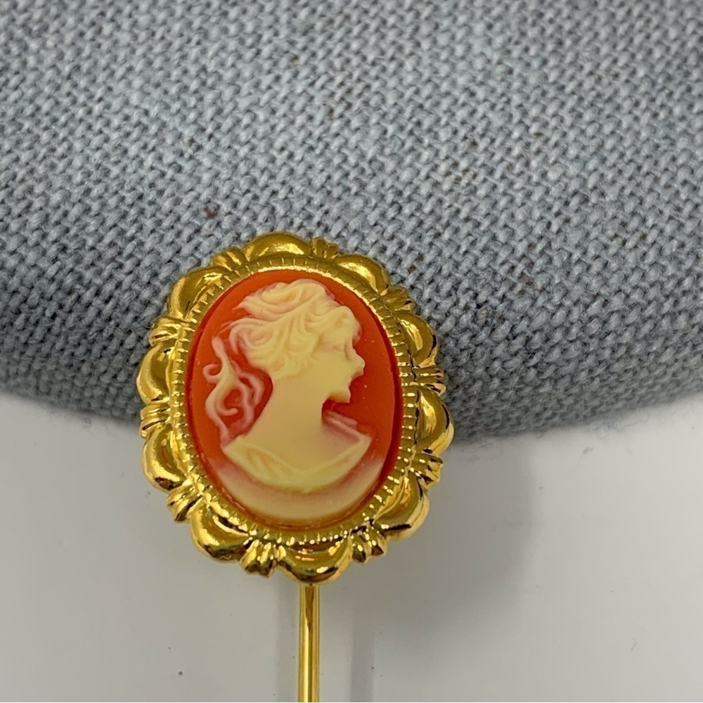 Victorian Style Gold Tone Cameo Stick Pin Orange Red Woman Profile